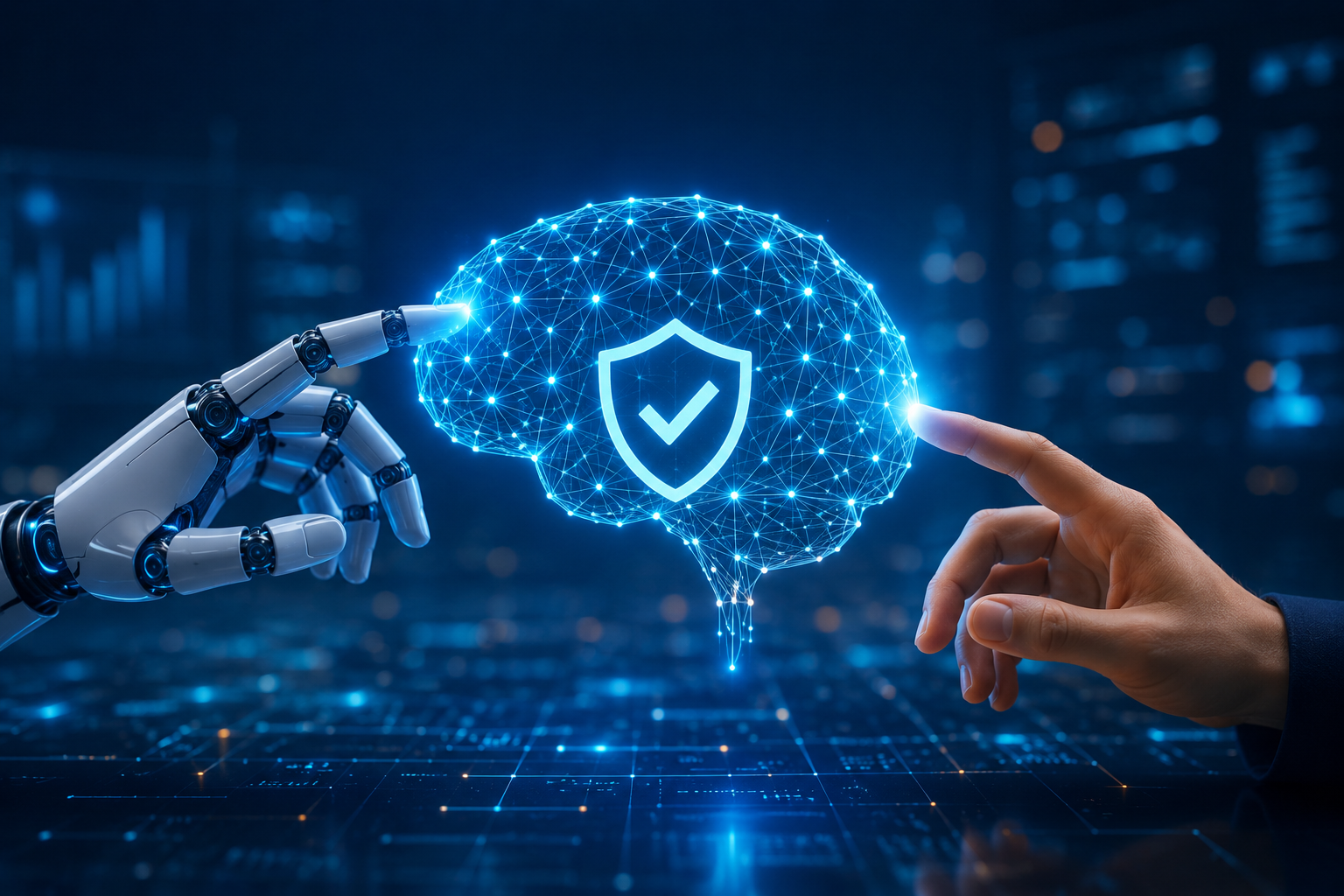 Representación conceptual de una inteligencia artificial siendo evaluada por una persona, simbolizando la confianza, la transparencia y la fiabilidad de los sistemas de IA.