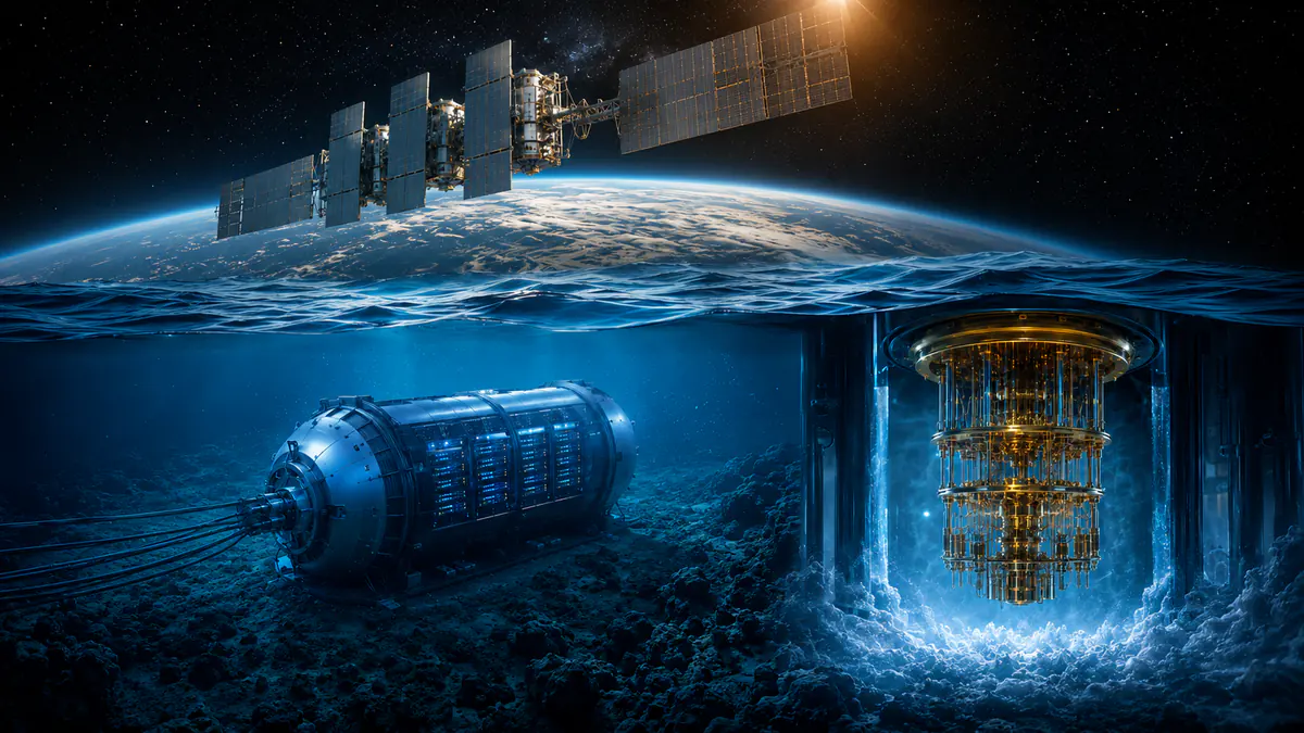 Criostato cuántico conectado visualmente con un centro de datos submarino y una infraestructura orbital.