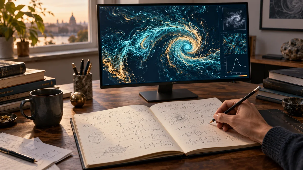 Mano tomando notas junto a una pantalla con una visualización del movimiento de fluidos.