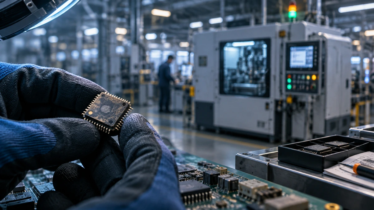 Técnico inspeccionando un chip electrónico en una instalación industrial ante la obsolescencia de componentes