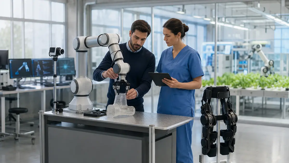 Profesionales supervisando un robot colaborativo y un exoesqueleto de rehabilitación en un laboratorio de robótica.